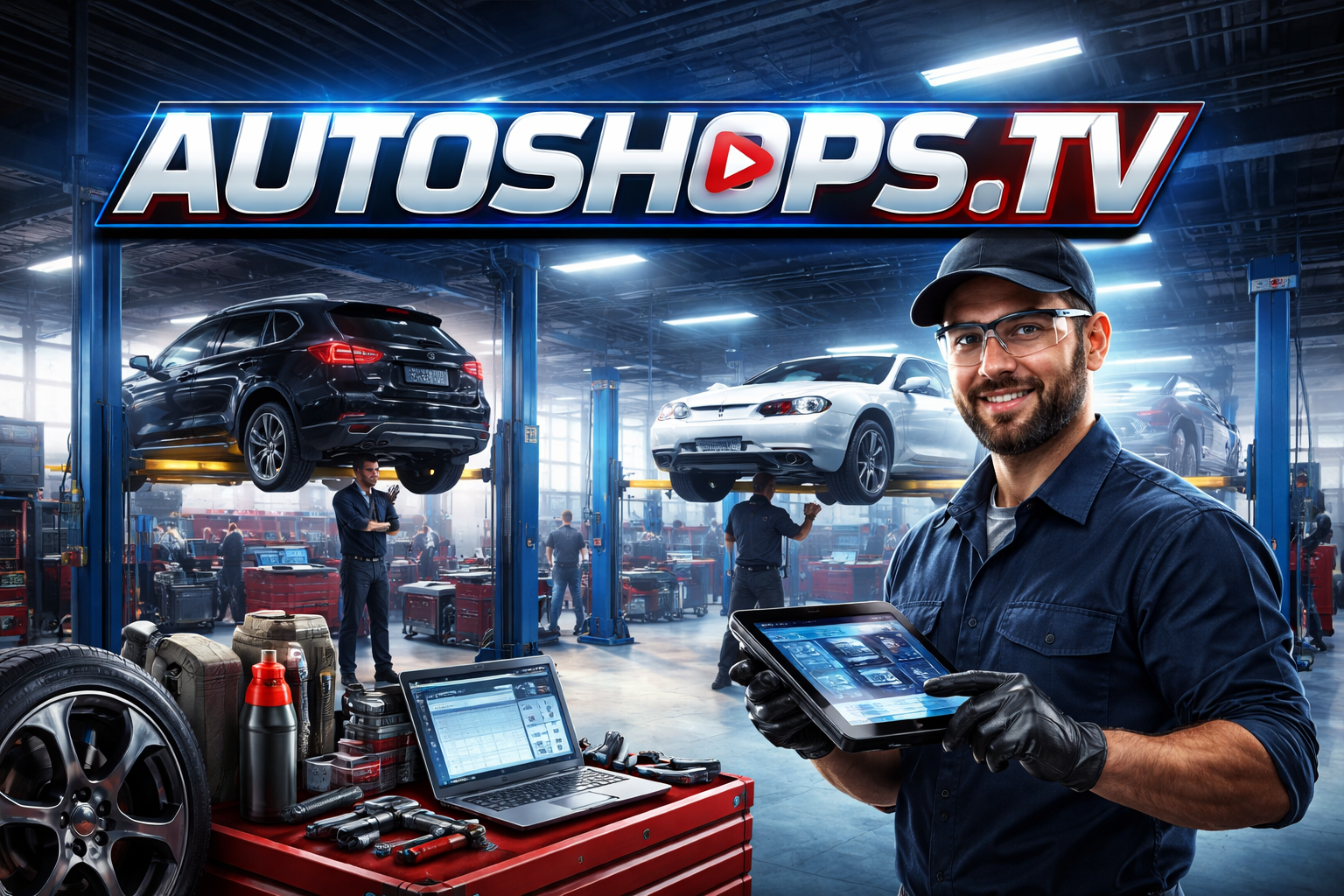Autoshops.TV banner showing a modern auto repair shop with AUTOSHOPS.TV branding